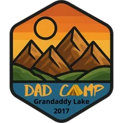 2017 Dad Camp patch: hexagon with an orange sunset over brown mountains, reading Dad Camp, Grandaddy Lake 2017