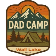 2018 Dad Camp patch: rounded badge with a sun over mountains, pines and a tent, reading Dad Camp, Wall Lake 2018