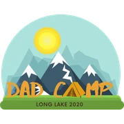 2020 Dad Camp patch: arched badge with a sun over snowy peaks, reading Dad Camp, Long Lake 2020