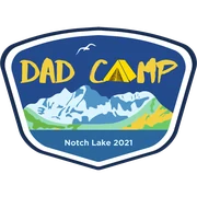 2021 Dad Camp patch: shield with a snowy mountain and lake under a blue sky, reading Dad Camp, Notch Lake 2021