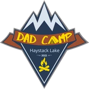 2022 Dad Camp patch: diamond with snowy peaks, a banner and a campfire, reading Dad Camp, Haystack Lake 2022