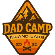 2025 Dad Camp patch: diamond with a mountain and a campfire, reading Dad Camp, Island Lake 2025